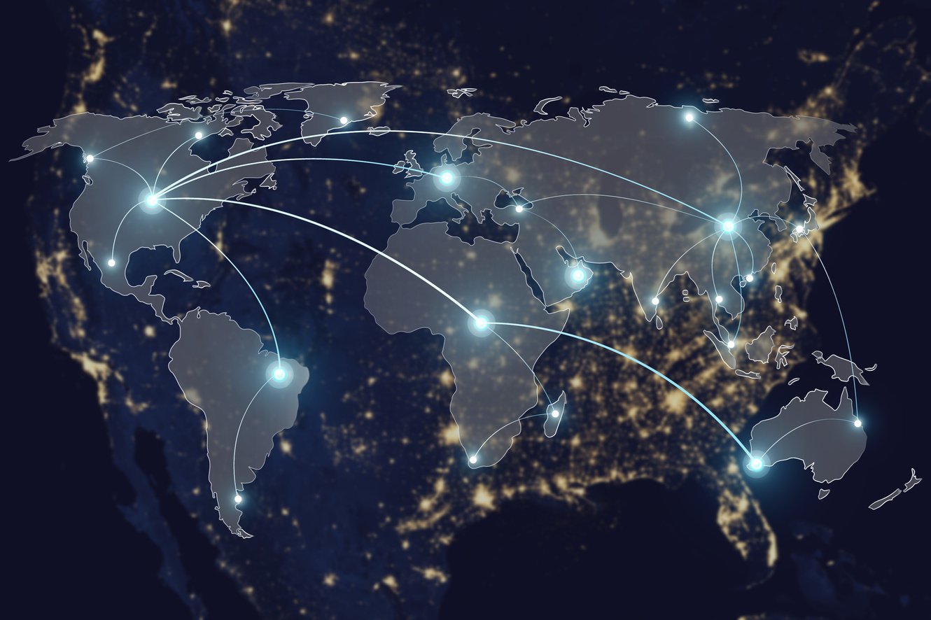 Network connection partnership and world map.